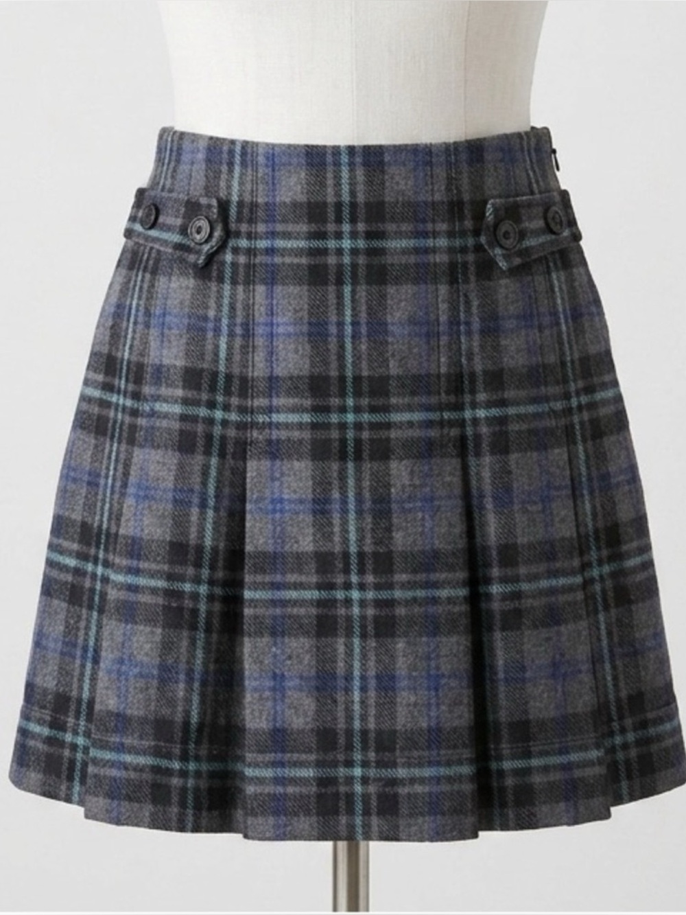 GAP Y2K Gray Blue Plaid Pleated Wool Blend Mini Skirt Size 6 2005 Vintage
